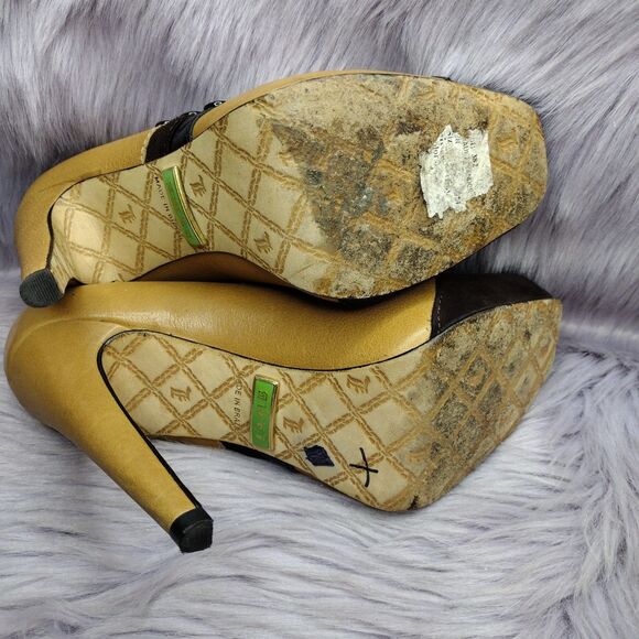 L.A.M.B. Leather Tuxedo Platform Pump Shoes Womens Size 6 Tan Brown Black - Picture 7 of 10